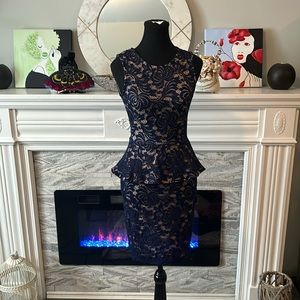 Another Story navy blue lace dress with peplum, nude underlay lining